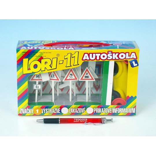 LORI Stavebnice LORI 11 Autoškola Dopravní značky 16ks+2 kužely+auto plast v krabici 22x13x6cm
