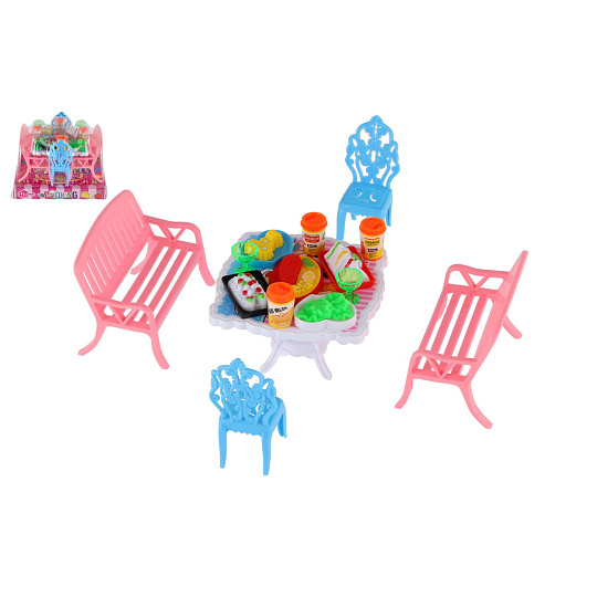Nábytek pro panenky/stůl a židle plast 4 barvy v blistru 14x11x16cm Nábytek pro panenky/stůl a židle plast 4 barvy v blistru 14x11x16cm