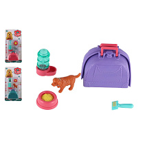 Mazlíček/pes s přenosným boxem plast 5cm s doplňky 2 druhy na kartě 12,5x25x5cm