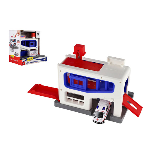 Parkovací garáž + auto ambulance plast v krabici 20x20x14cm Parkovací garáž + auto ambulance plast v krabici 20x20x14cm