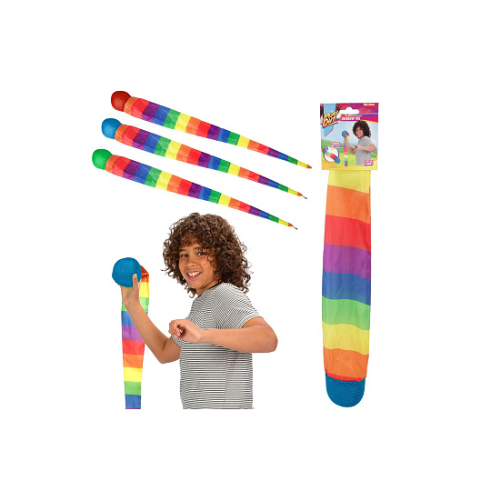 Míček měkký s dlouhým ocáskem látka 100cm duhový na kartě Míček měkký s dlouhým ocáskem látka 100cm duhový na kartě