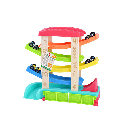 Dráha závodní kaskádová pro auta +auta 4ks dřevo/plast 33x32x10cm 18m+ Dráha závodní kaskádová pro auta +auta 4ks dřevo/plast 33x32x10cm 18m+