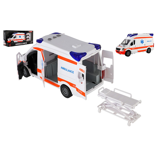 Auto ambulance plast 26cm s lehátkem na setrvačník se světlem se zvukem v krabici 37x18x11,5cm Auto ambulance plast 26cm s lehátkem na setrvačník se světlem se zvukem v krabici 37x18x11,5cm