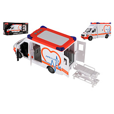 Auto ambulance plast 28cm s lehátkem na setrvačník se světlem se zvukem v krabici 39x18x12cm