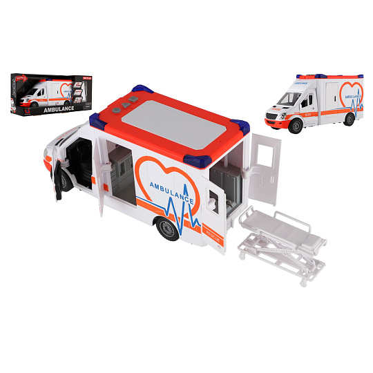 Auto ambulance plast 28cm s lehátkem na setrvačník se světlem se zvukem v krabici 39x18x12cm Auto ambulance plast 28cm s lehátkem na setrvačník se světlem se zvukem v krabici 39x18x12cm