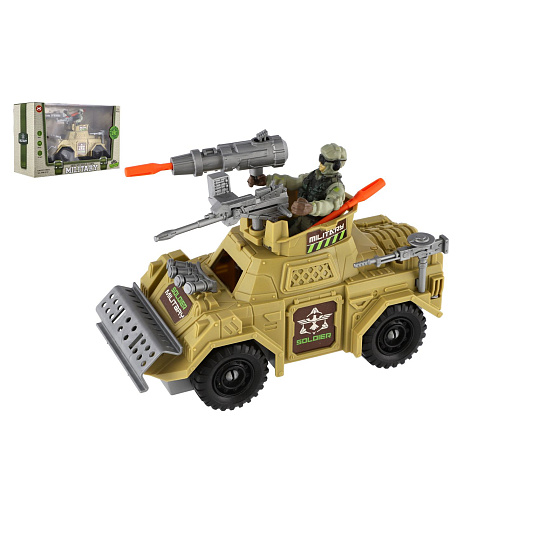 Vojenská sada obrněné auto+voják s doplňky plast na volný chod v krabici 27x18x12cm Vojenská sada obrněné auto+voják s doplňky plast na volný chod v krabici 27x18x12cm