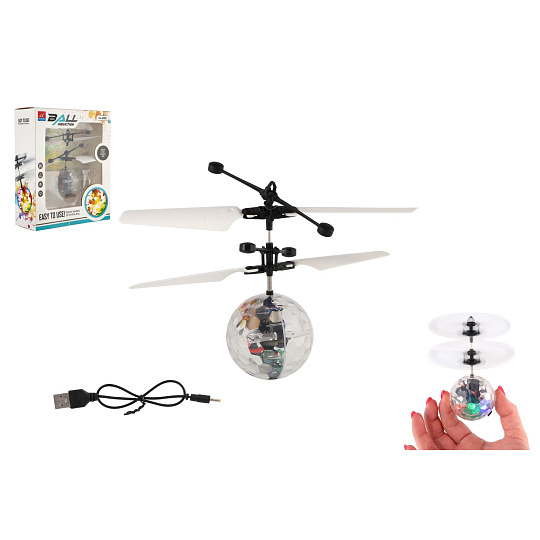 Vrtulníková koule létající plast 13x11cm svítící reagující na pohyb ruky,USB kabelem průhled v krab.