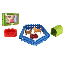 Teddies Pejskové/Pes 2ks s plotem plast s doplňky v krabici 23x14,5x4,5cm