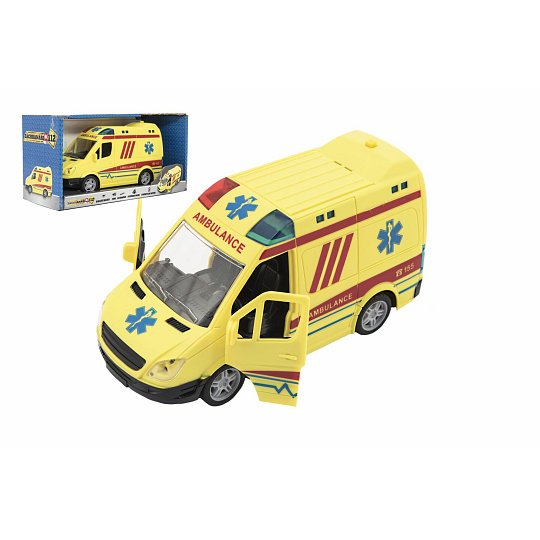 Teddies Auto ambulance plast 20cm na setrvačník na baterie se zvukem se světlem v krabici 26x15x12cm Teddies Auto ambulance plast 20cm na setrvačník na baterie se zvukem se světlem v krabici 26x15x12cm