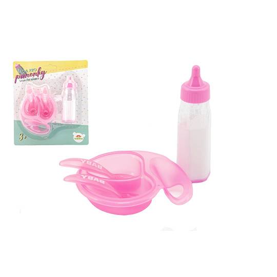 Teddies Sada pro panenky plast lahvička, miska s příborem na kartě 19x22x4cm Teddies Sada pro panenky plast lahvička, miska s příborem na kartě 19x22x4cm