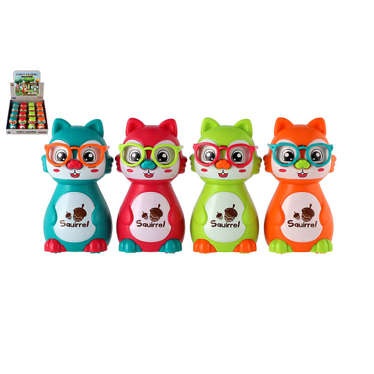 Teddies Veverka plast 10cm na setrvačník stlač hlavu a jeď 4 barvy 16ks v boxu Teddies Veverka plast 10cm na setrvačník stlač hlavu a jeď 4 barvy 16ks v boxu