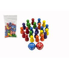 Detoa Figurky dřevo 25mm 24ks 6 barev+ 2 kostky společenská hra v sáčku 7x13cm