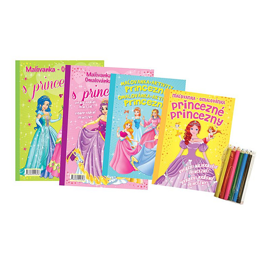 Omalovánky+aktivity/Maľovanky+aktivity Princezny/princezné 4ks +pastelky CZ+SK verze v sáčku 21x29cm Omalovánky+aktivity/Maľovanky+aktivity Princezny/princezné 4ks +pastelky CZ+SK verze v sáčku 21x29cm