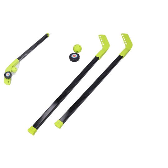 Hokejka pozemní 2ks plast 83cm + florbalový míček +plastový puk v síťce