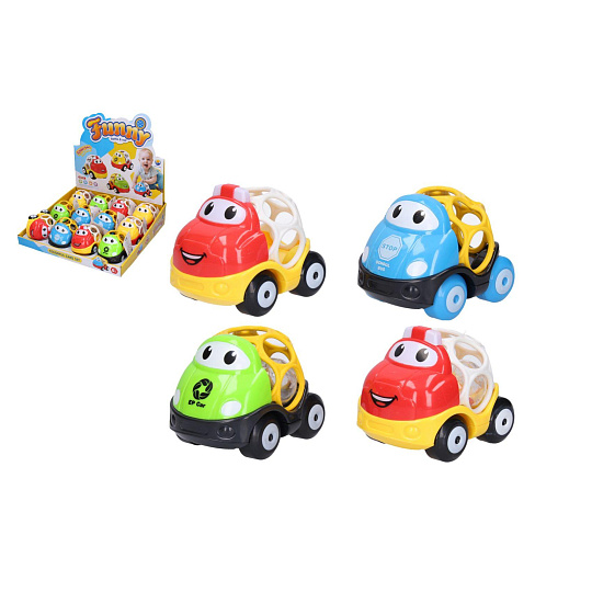 Autíčko s chrastítkem plast 9,5cm 4 barvy 12ks v boxu 6m+