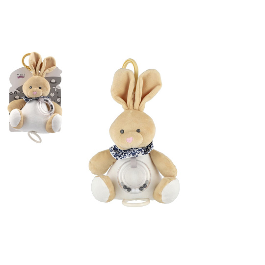 Teddies Zajíc plyš 18cm závěs na postýlku/kočárek nat. hrací strojek béžový na kartě v sáčku 0+