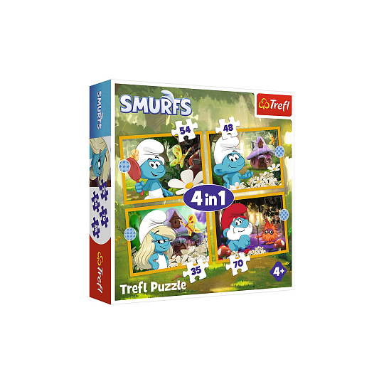 Trefl Puzzle 4v1 Život ve Šmoulí vesnici 28,5x20,5cm v krabici 28x28x6cm