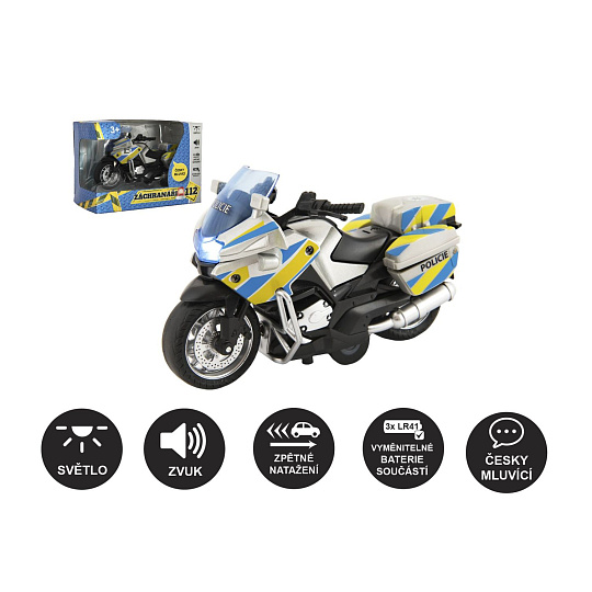 Motorka policejní 12cm kov/plast česky mluvící na zpětné nat. na bat. se světlem/zvukem v krab.15x11