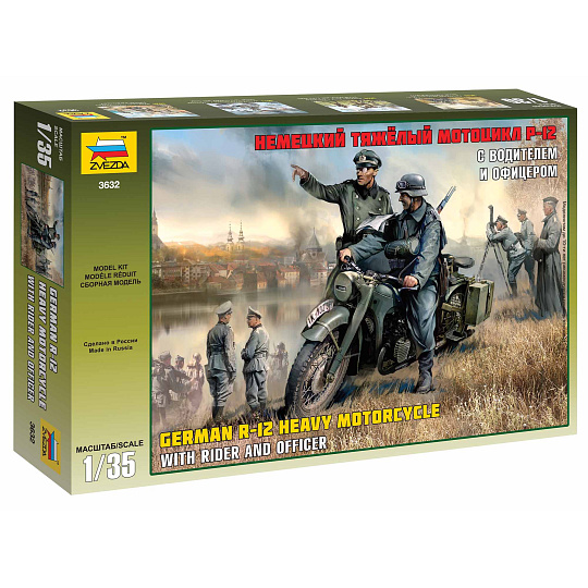 Zvezda Model Kit military 3632 - German R-12 Heavy Motorcycle with Rider (1:35)