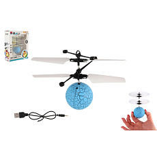 Vrtulníková koule létající plast 13x11cm svítící reagující na pohyb ruky, USB kabelem modrá v krab.