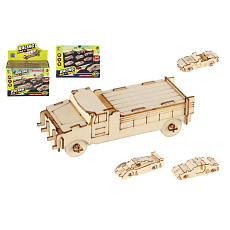 Dřevěné 3D puzzle/stavebnice auto 4ks ve fólii 2 druhy 12ks v boxu