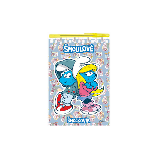 Poznámkový blok/notes Šmoulové s perem kroužkový linkovaný/prázdný 60 stran 15x22cm v sáčku