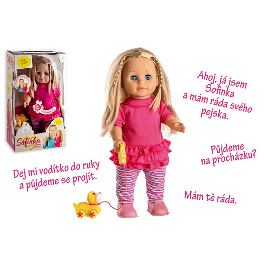 Teddies Panenka Sofinka s pejskem chodící a mluvící plast 42cm na baterie se zvukem v krabici 26x44x13cm