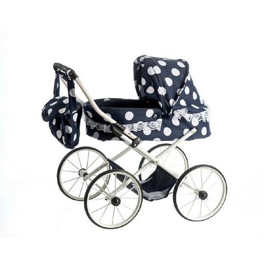 Teddies Kočárek pro panenky malý Ewa RETRO výška rukojeti 55cm nastavitelná černý s puntíky s krajkou