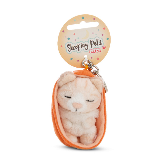 NICI klíčenka spící Kočička béžová 12 cm, oranžový košík, GREEN