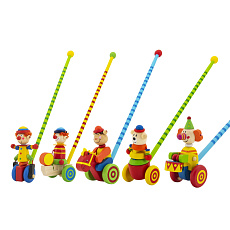 Teddies Strkadlo klaun tlačící 60cm dřevo s tyčkou mix barev v sáčku 12m+