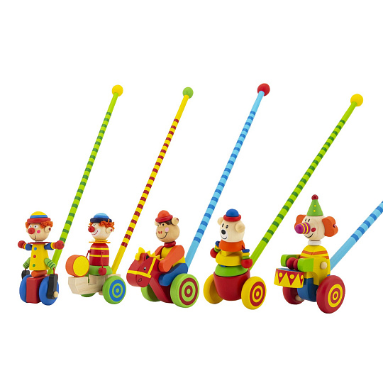 Teddies Strkadlo klaun tlačící 60cm dřevo s tyčkou mix barev v sáčku 12m+