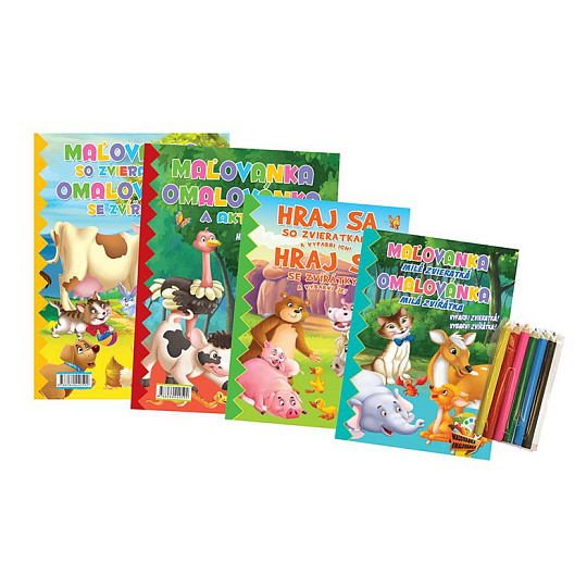 Omalovánky+aktivity/Maľovanky+aktivity Zvířátka/zvieratká 4ks + pastelky CZ+SK verze v sáčku 21x29cm Omalovánky+aktivity/Maľovanky+aktivity Zvířátka/zvieratká 4ks + pastelky CZ+SK verze v sáčku 21x29cm