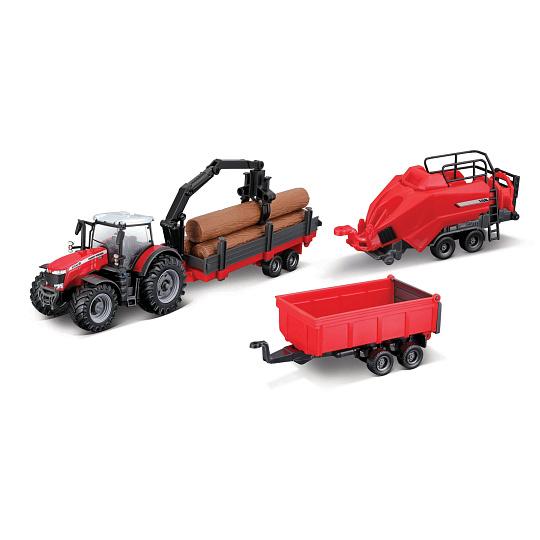 Bburago - FARMLAND, Set Massey Ferguson 8740S se třemi přívěsy, 10 cm