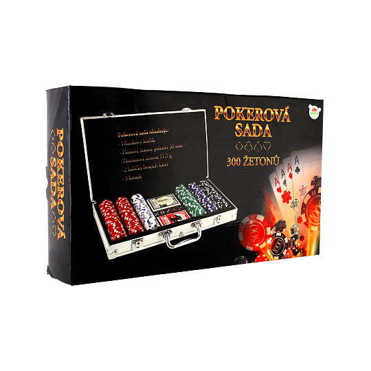 Poker sada 300ks + karty + kostky v hliníkovém kufříku v krabici 40x24x8cm