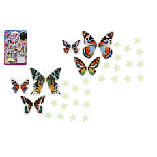 Motýli s hvězdami na zeď/stop svítící ve tmě 2 barvy na kartě