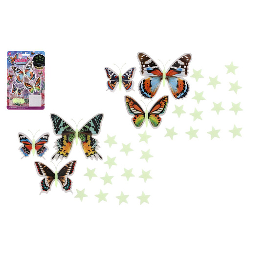 Motýli s hvězdami na zeď/stop svítící ve tmě 2 barvy na kartě