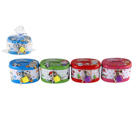 Teddies Pokladnička se zámkem plechová ovál 10x6cm 4 barvy
