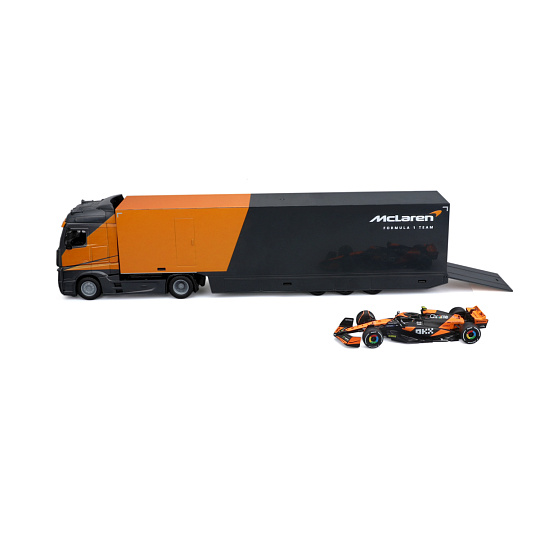 Bburago – RACE M-B Tahač s návěsem + F1 McLaren Team MCL38 (2024), #4 Lando Norris, 1:43 Bburago – RACE M-B Tahač s návěsem + F1 McLaren Team MCL38 (2024), #4 Lando Norris, 1:43
