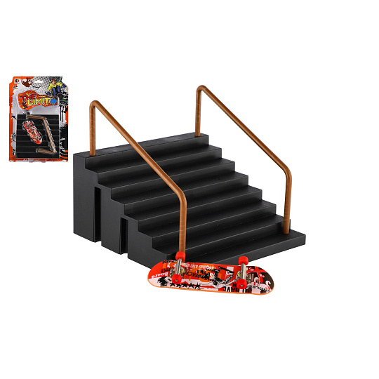 Skateboard prstový plast 9cm se schůdky a zábradlím na kartě Skateboard prstový plast 9cm se schůdky a zábradlím na kartě