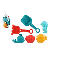 Sada na písek plast lopatka,hrabičky,formičky 4ks v síťce 10x16cm 18m+