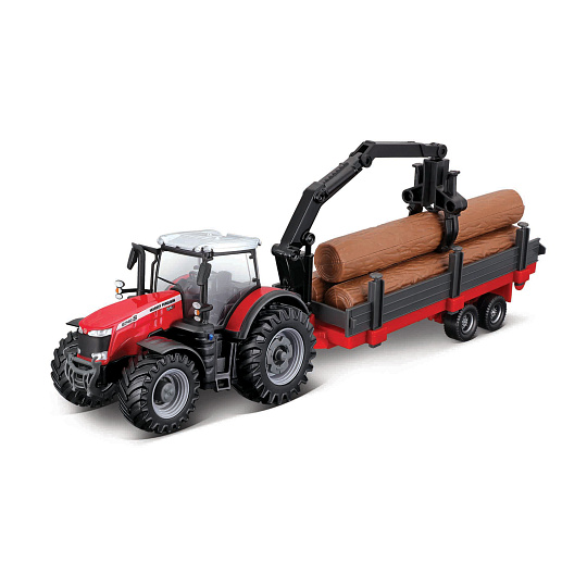 Bburago - FARMLAND, Massey Ferguson 8740S s nakladačem a přívěsem na dřevo, 10 cm