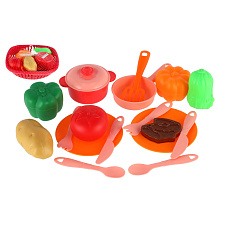 Teddies Sada nádobí v ošatce plast s doplňky v síťce 20x20x7cm