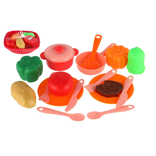 Sada nádobí v ošatce plast s doplňky v síťce 20x20x7cm