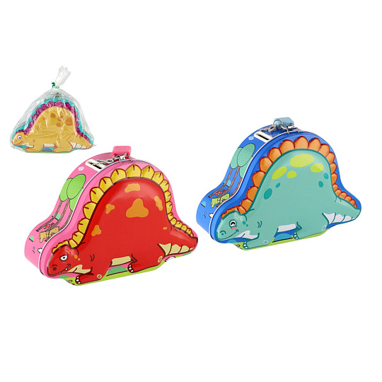 Wiky Pokladnička dinosaurus plechová se zámkem 18x13cm, 3 barvy Wiky Pokladnička dinosaurus plechová se zámkem 18x13cm, 3 barvy