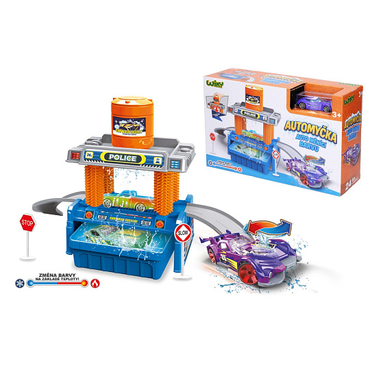 Automyčka + auto měnící barvu plast s doplňky v krabici 30x19cm