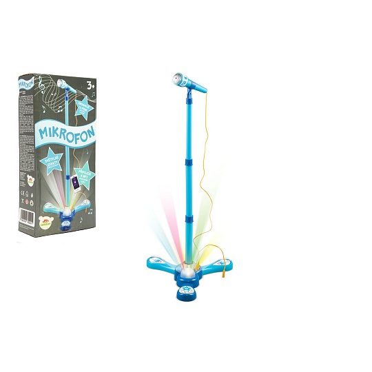 Mikrofon karaoke modrý plast na baterie se světlem se zvukem v krabici 17x34x7cm
