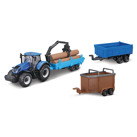 Bburago - FARMLAND, Set New Holland T7.315 HD se třemi přívěsy, 10 cm