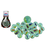 Kuličky cvrnkací skleněné různé velikosti v síťce na kartě 10,5x19cm