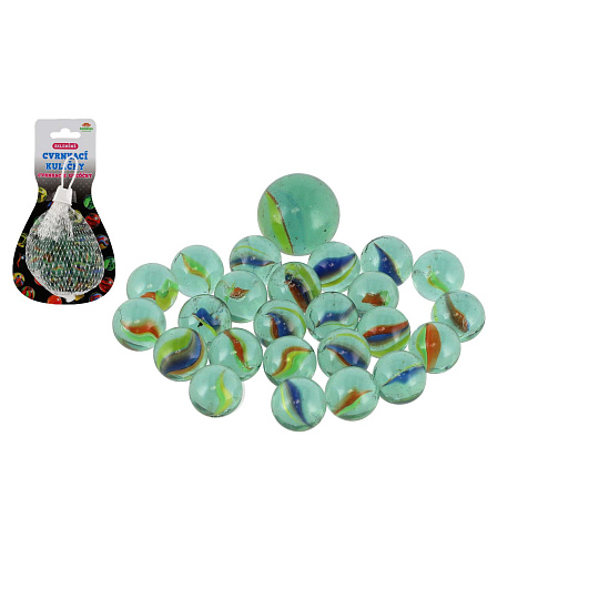 Kuličky cvrnkací skleněné různé velikosti v síťce na kartě 10,5x19cm