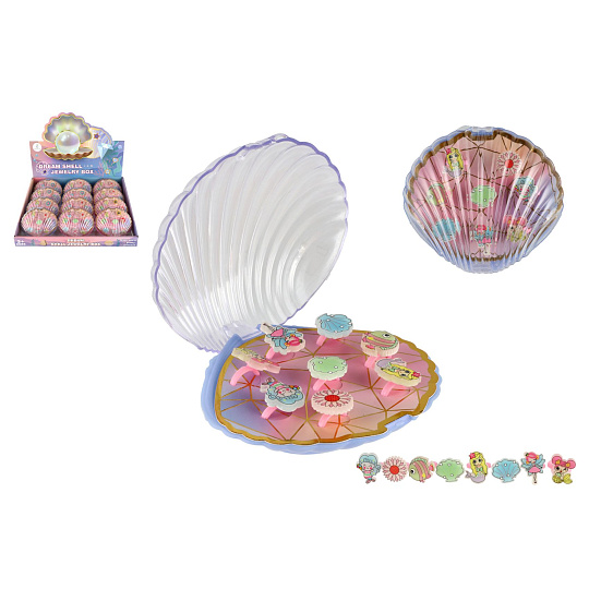 Prstýnek/Prstýnky plast 8ks nastavitelná velikost 2 barvy v krabičce ve tvaru mušle 12ks v boxu